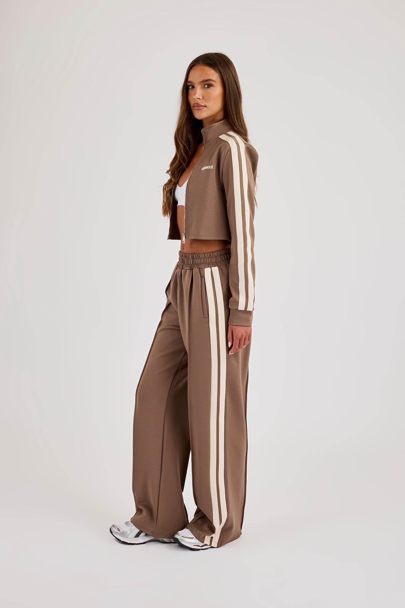 Fitted Taping Track Top & Wide Leg Track Pant - Taupe